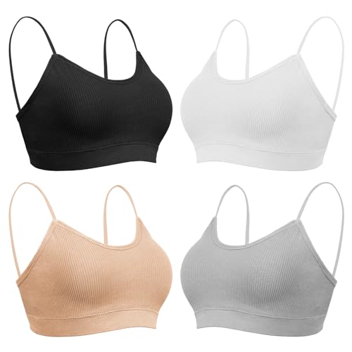 KCDDUMK 4 Pieces Cami Bras - Women's V-Neck Padded Seamless Straps Bralette Everyday Basic Sleeping Bra