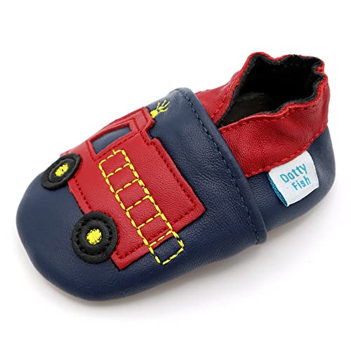 Dotty Fish Soft Sole Leather Infant Shoes Boys pre-Walkers. Navy with Fire Engine. 18-24 Months