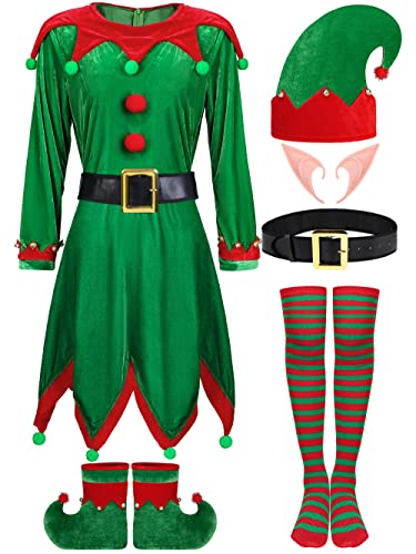 SOMSOC 6 Pack Women Christmas Elf Costume Set Velvet Dress Santa's Helper Costume Xmas Outfit Elf Hat Shoes Ears Belt Socks