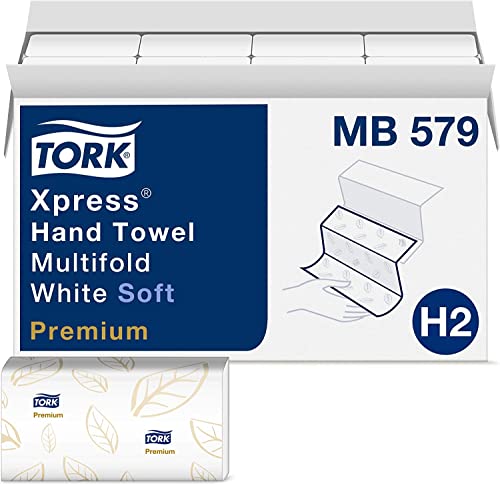 Tork Xpress Soft Multifold Hand Towel White with Blue Leaf Print, Premium Quality, 135 Towels per Pack, 16 Packs, Fits H2 Towel Dispensers