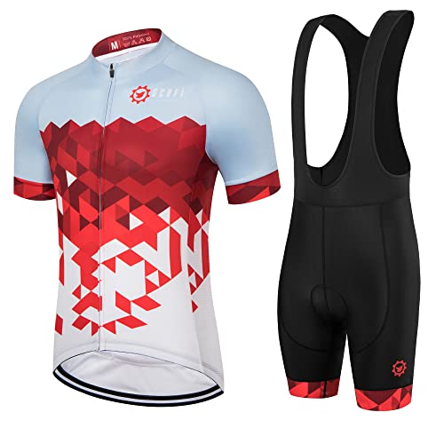 GCRFL Men's Cycling Jersey Set Road Bike Shorts Sleeves Jersey Zipper Pokcet Bib Shorts with Padded, Cycling Clothing kit Men (Red White, S)