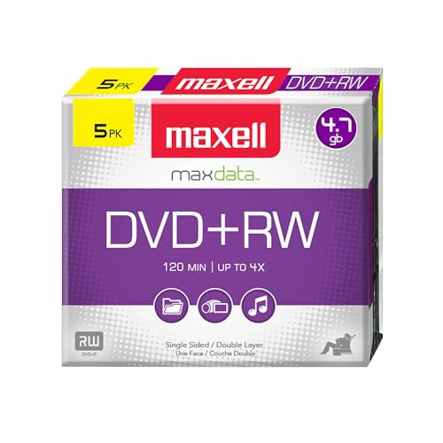 Maxell 634045 DVD-RW Blank Disc - Rewritable 4.7 Gb with Slim Jewel Case, 120min & Max Up to 4x, Superior Archival Life Digital Storage Playback & Up to 1000 Rewrite - 5 Pack