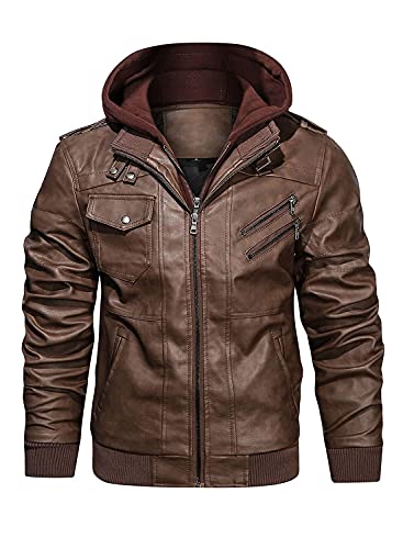 HOOD CREW Men’s Casual Stand Collar PU Faux Leather Zip-Up Motorcycle Bomber Jacket With a Removable Hood Brown M
