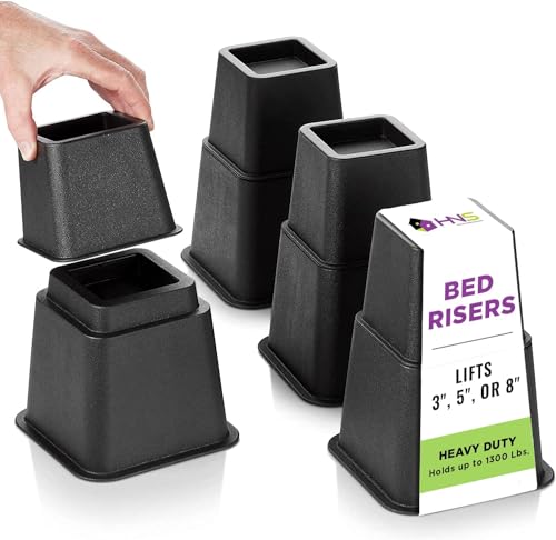 HOLDN’ STORAGE Adjustable Bed Risers and Furniture Risers-Stackable Bed Lift 3, 5, or 8 Inch-Set of 4 Bed Risers-Heavy Duty-Perfect for College Dorms- Supports up to 1,300 lbs – Fits legs up to 7.5” W