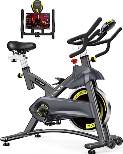 Cyclace Exercise Bike Stationary - 330 Lbs Weight Capacity - Indoor Cycling Bike with Comfortable Seat Cushion, Tablet Holder, and LCD Monitor for Home Workout