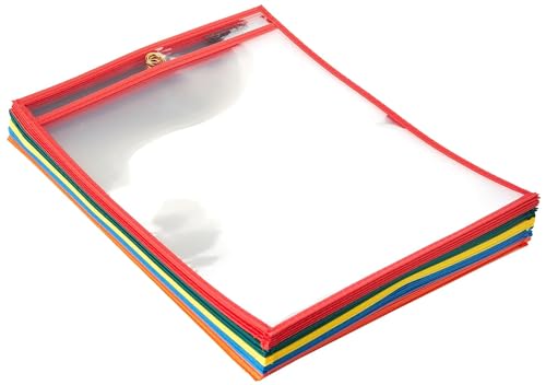 Amazon Basics Heavy Duty Dry Erase Ticket Holder Pockets, Clear Film With Multicolored Fabric Edge, 8.5' X 11', Pack of 25