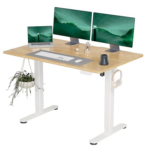 INNOVAR Solid Wood Electric Standing Desk, 48x24 Inches Adjustable Height Stand up Desk with Whole Piece Desktop, Sit Stand Home Office Desk White Frame/Nature Top