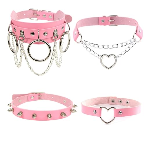 Dumcondy 4Pcs Halloween Cool Steampunk Love Heart Shaped Gothic Goth Punk Rock Rivet Spike Studded PU Leather Choker Collar Necklace Sets for Women Lady Girl Adjustable Cosplay Jewelry Night Club Party Costume Accessory Chocker Gift Black