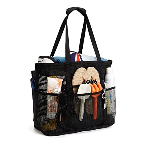Beach Bags for Women Mesh Beach Tote with Zipper Pockets Waterproof Sandproof Girls Mesh Swim Bag Pool Bag Swimming Extra Large Size Travel Foldable Plastic Grocery Shower Bag Gym Bag Gift Pockable Giant
