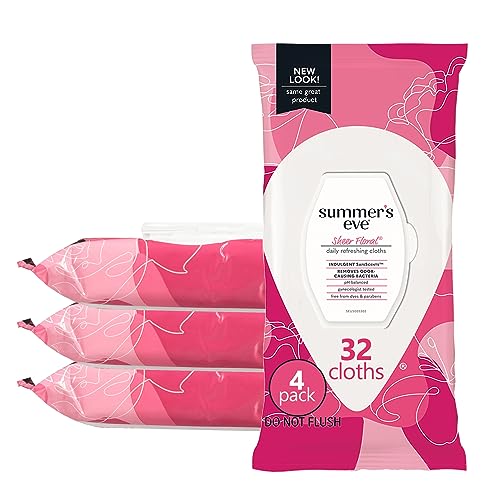 Summer's Eve Sheer Floral Daily Refreshing Feminine Wipes, Removes Odor, pH balanced, 32 Count, 4 Pack