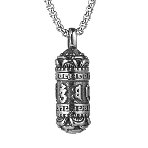 HZMAN Tibetan Buddhism Meditation Stainless Steel Pendant Commemorative Cremation Ashes Pill Cylinder Container Necklace 22+2 Inch Chain (cylindrical)