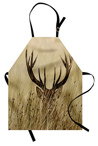Lunarable Antler Apron, Whitetail Deer Fawn in Wilderness Stag in Countryside Rural Hunting Theme, Unisex Kitchen Bib with Adjustable Neck for Cooking Gardening, Adult Size, Sand Brown