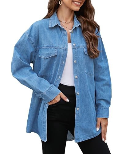 Ladyful Women's Boyfriend Denim Shirt Casual Baggy Button Down Jean Blouse Top Blue
