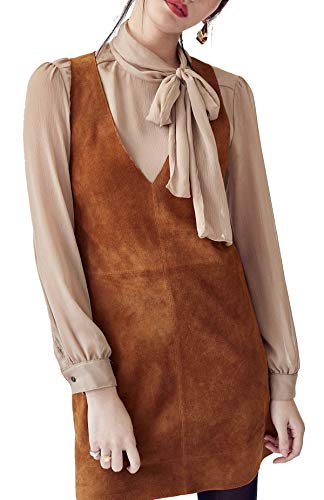 R.Vivimos Women's Fall Faux Suede Vintage V Neck Sleeveless Overall Dress with Pockets (Brown, Small)