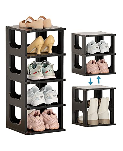 Shoe Organizer Rack for Small Spaces 5 Tier Plastic Vertical Narrow Shelves for Closet Black Shoe Holder, Stand For Entryway Storage Boots Organizer Stackable Cabinet