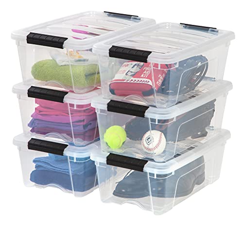 IRIS USA 12 Quart Stack & Pull Box, Clear with Black Buckle, Set of 6