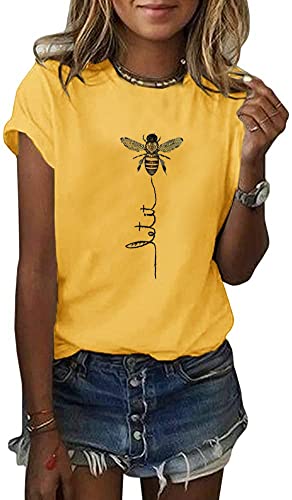 Auburet Womens Short Sleeve Let it Bee T Shirts Casual Graphic Cute Letter Printed Loose Tees Tops A-Yellow