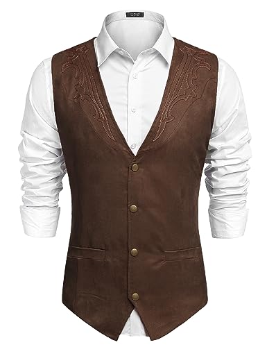 COOFANDY Men's Casual Suede Leather Vest Single-Breasted Vest Jacket Coffe-4 X-Large