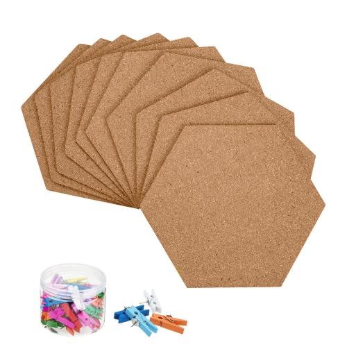 HBlife Hexagon Cork Board Tiles 10 Pack Self-Adhesive Corkboards for Wall Pin Board Decorative Bulletin Board for Office Home Kitchen with 50 Multi-Color Push Pins