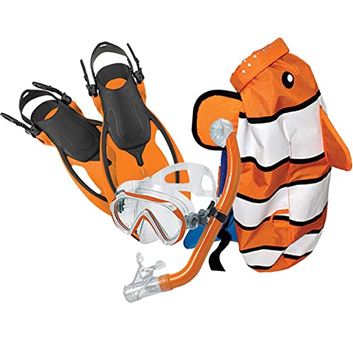 Mares Head 480315SFCLFSM Premium Youth Sea Pals Snorkel Mask and Fins Snorkeling Set with Tempered Glass Lens, Orange,Medium Size, Clown Fish, Small/9-13