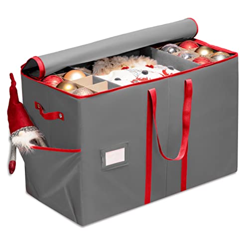 ZOBER Christmas Ornament Storage Box - Stores 80 Ornaments W/Dividers - Christmas Ornament, Figurines, and Accessory Storage Containers - Side Pocket, Card Slot, Durable - Gray