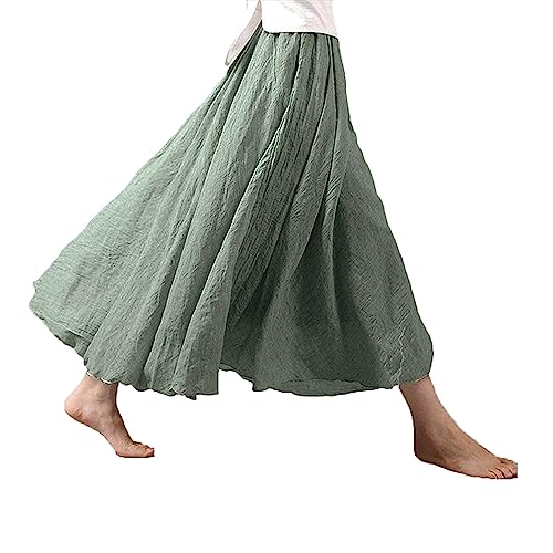 ASHER FASHION Women's Bohemian Style Elastic Waist Band Cotton Linen Long Maxi Skirt Dress (95CM, Light Green)
