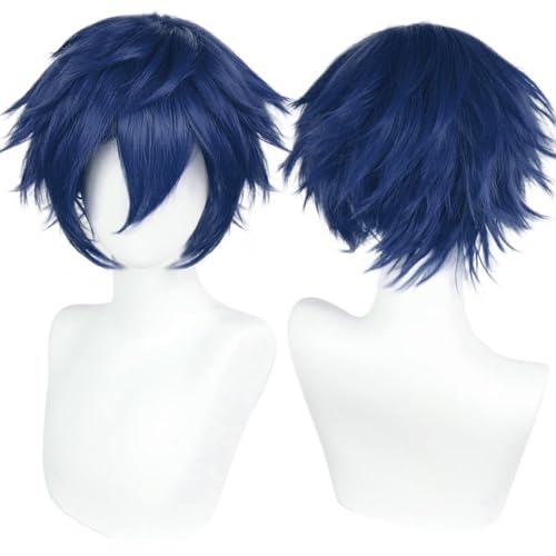 Anogol Hair Cap+ Short Blue Wig Men Dark Blue Cosplay Wig Women Short Wavy Wig Synthetic Hair Wig for Girls Boys Anime Cartoon Costume Party Wig For Halloween Wig For Christmas Wig