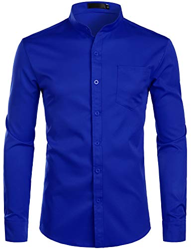 ZEROYAA Men's Banded Collar Slim Fit Long Sleeve Casual Button Down Dress Shirts with Pocket ZLCL09 Blue Large