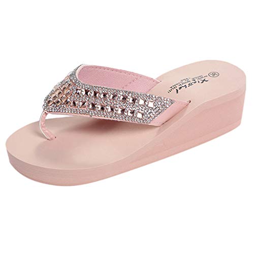 wedge sandals for women, Soft Foam Padded Bottom Sandals With Rhinestones Solid Casual Beach Flops Slipper Shoe Pink, 5.5