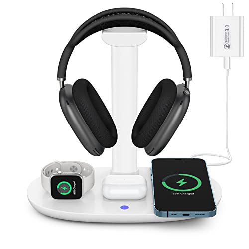 Headphone Stand with 15w Wireless Charger, Suguder 4 in 1 Charging Station Headset Holder for AirPods Max/Pro/2/3 iWatch 9/8/7/6/5/4/3/2/1/SE iPhone 15/14/13/12/11/XS/XR/X for Desktop Table Game