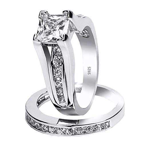 MABELLA 925 Sterling Silver Cubic Zirconia Princess Cut Women's Wedding Engagement Bridal Ring Set Size 8