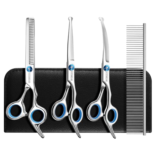 SCEDREAM Dog Grooming Scissors for Dogs with Safety Round Tips, 5 in 1 Dog Scissors for Grooming, Curved Dog Grooming Scissors,Professional Pet Grooming Shears Set for Dogs and Cats