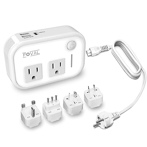 220V to 110V Converter Travel Adapter: FOVAL [Upgraded] International Step Down Power Converter for Hair Straightener/Curler with 18W USB-C Port Outlet Voltage Converter US to Europe Italy UK AU Plug