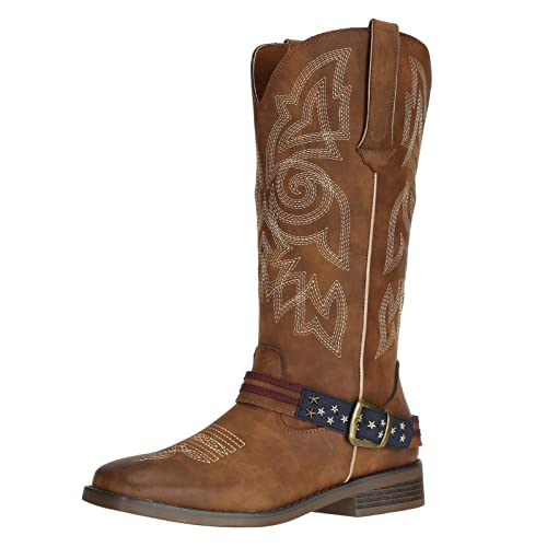 J's.o.l.e Women's Wide Square Toe Cowgirl Cowboy Boots Mid Calf American Flag Patriot Western Boots Brown US Size 10