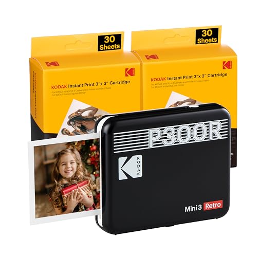 KODAK Mini 3 Retro 4PASS Portable Photo Printer (3x3 inches) + 68 Sheets Bundle, Black