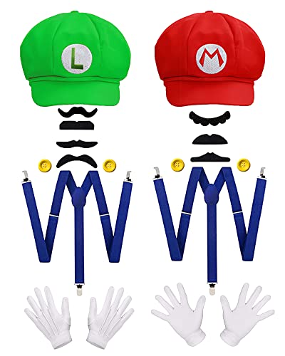 NESIMY Super Bros Mary & Luigi Hat Costume for Adults Uisex Cap Gloves Fake Accessory Kit for Cosplay Halloween for Women