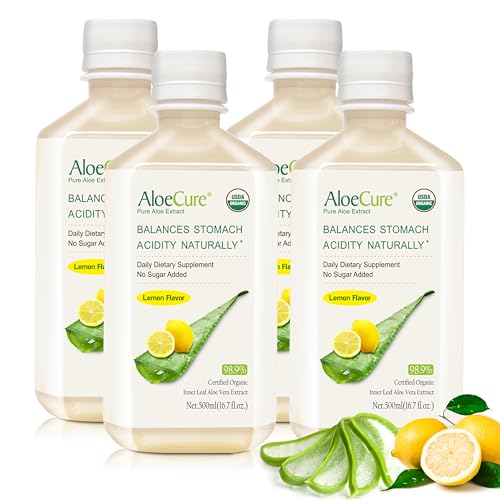 AloeCure USDA Organic Aloe Vera Juice Lemon Flavor Bottled at the Source Within 12 Hours of Harvest - Pure Aloe Juice for Digestive Support, Natural Acid Buffer for Bouts of Acid Indigestion, 4x500ml