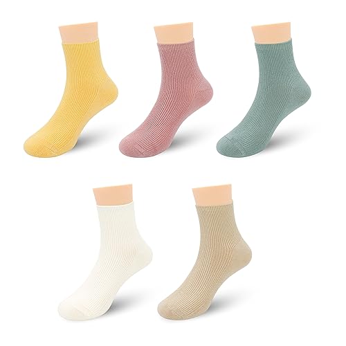 SERISIMPLE Bamboo Stretch Kids Ankle Socks Breathable Lightweight for Toddler Preschool Thin Soft Baby Socks 5 Pairs (Assorted, Large)