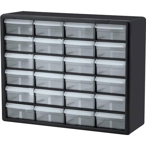 Akro-Mils 10124 24 Drawer Plastic Parts Storage, Hardware and Craft Cabinet, Nuts and Bolts Organizer, 20-Inch W x 6-Inch D x 16-Inch H, Black