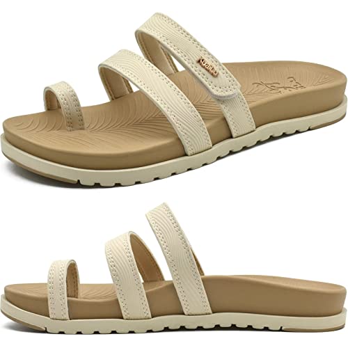 KuaiLu Womens Flip Flops with Plantar Fasciitis Arch Support Ladies Fashion Comfort Orthotic Adjustable Slides Sandals Beige Size 9