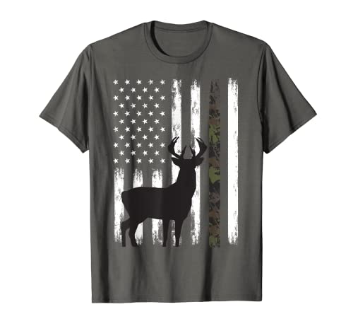 Whitetail Deer Hunting Hunter Gifts Buck Camo American Flag T-Shirt