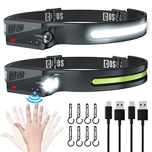 COSOOS Original 2 Rechargeable Headlamps, Bright LED Headlamp Flashlight 1000 Lumen, 230° Wide Beam & Spot Light, Motion Sensor, 2.4oz Head Lamp with Clips for Hardhat, Camping, Hiking
