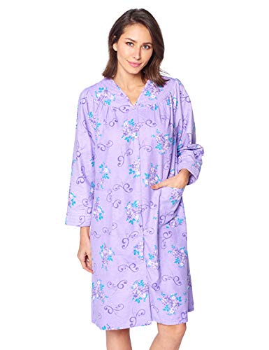 Casual Nights Women's Floral Snap Front Flannel Duster Long Sleeve Lounger Dress - Purple Violet - Medium