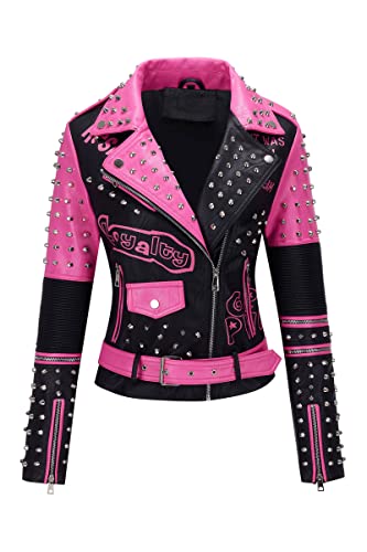 Bellivera Faux Leather Jacket for Women Studded Rivet Floral Moto Biker Coat 0376 Pink XL
