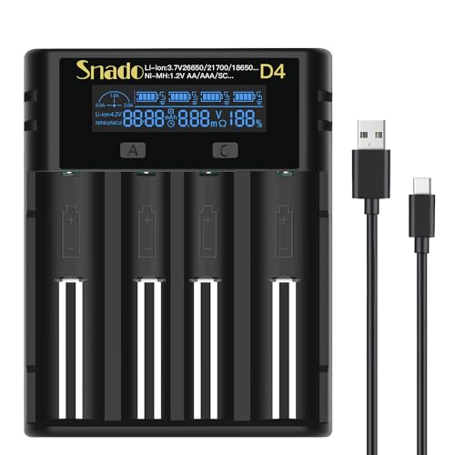18650 Battery Charger, Snado Universal Smart Charger LCD Display for 3.7v Lithium ion Rechargeable Batteries 18650 21700 18490 17500 16340 14500 RCR123 and 1.2v Ni-MH/Ni-Cd AA AAA C Battery (4 Slots)