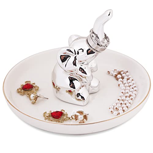 CERANEE Silver Elephant Trinket Dish, Ceramic Trinket Tray for Women, Jewelry Holder Dish for Ring, Necklace, Bracelet, 5 inches White Ceramic Jewelry Bowl