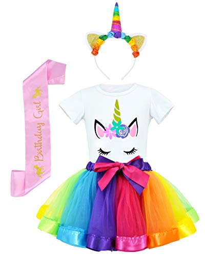 JiaDuo Girls Unicorn Costume Rainbow Tutu with White Shirt, Headband & Satin Sash Rainbow Large/5-7X