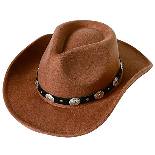 Lanzom Women Men Felt Wide Brim Western Cowboy Hats Belt Buckle Panama Hat(Khaki, Medium)
