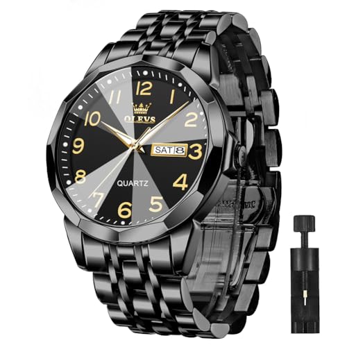 OLEVS Men Black Watches Business Dress Diamond Analog Quartz Date Number Wrist Watch Black Casual Stainless Steel Luminous Two Tone Gift Watch for Man