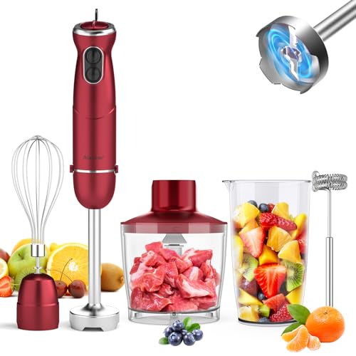 Immersion Blender 5 in 1 Hand Blender, Abuler 800W Hand Mixer Stick, 5-in-1, 12 Speed and Turbo Mode Handheld Blender 304 Stainless Steel, With 600ml Mixing Beaker, 500ml Chopper, Whisk and Milk Frother for Soup, Smoothies, Baby Food, Sauce